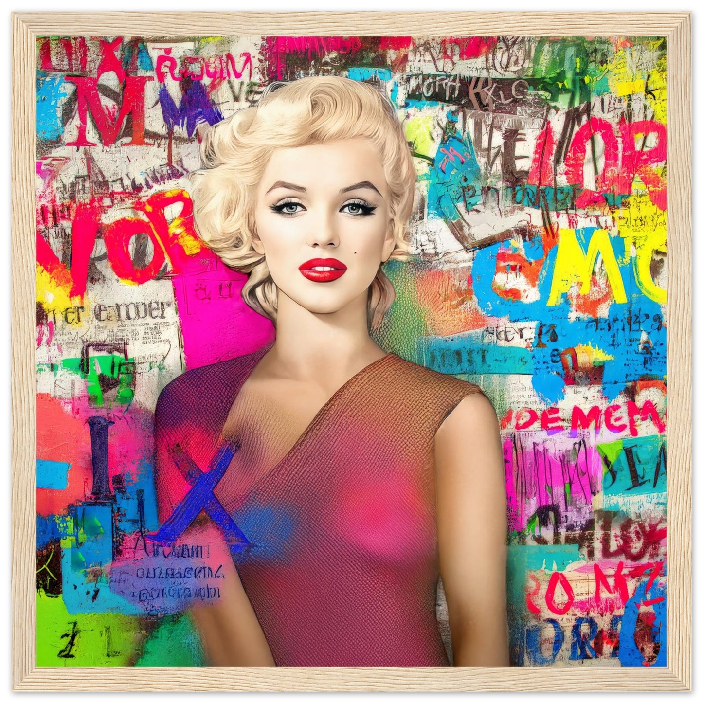 wooden framed print of colorful artwork of marilyn monroe wearing a pink dress with graffiti-style letters. Marilyns Letter Chaos-Graphique Addictions.