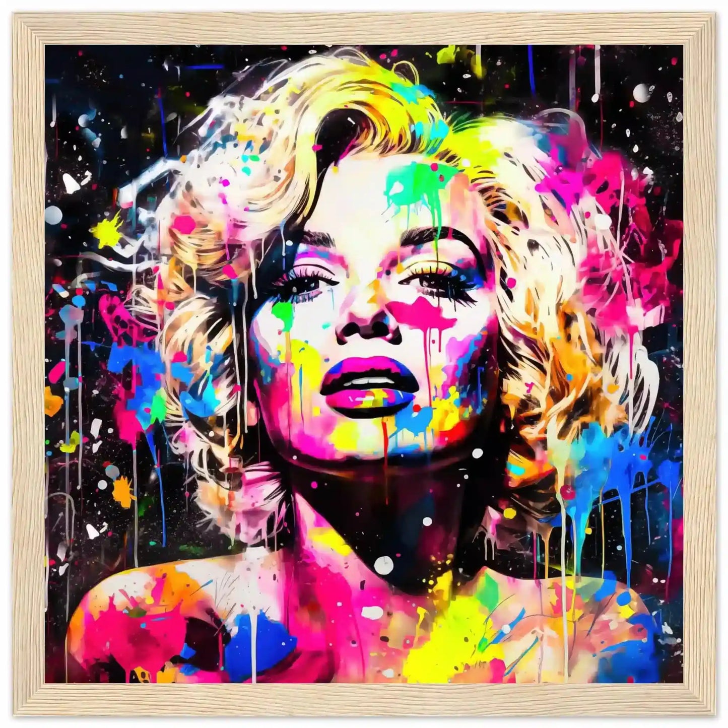 wooden framed print of Marilyn Monroe's face splattered with colorful paint. Marilyn's Splatter-Sensation-Graphique Addictions.