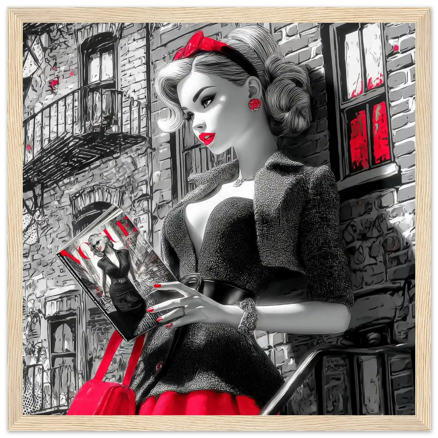 Black and white art of a fashion doll wearing a red skirt and black blazer, on a NYC street corner holding a magazine-wood-12x12-inches-wooden-framed-print-nyc-noir-doll, Graphique Addictions