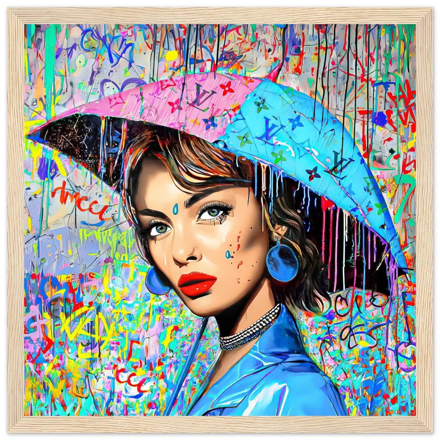 Wooden framed print of Audrey Hepburn holding an umbrella decorated with graffiti and Louis Vuitton-inspired monogram and a backdrop with patterns of graffiti and dripping paint. Painted Rainfall-Graphique Addictions.