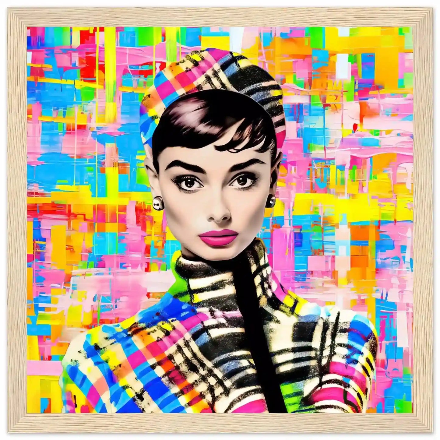 Wood wooden framed print featuring Audrey Hepburn on Multicolored Plaid Background.