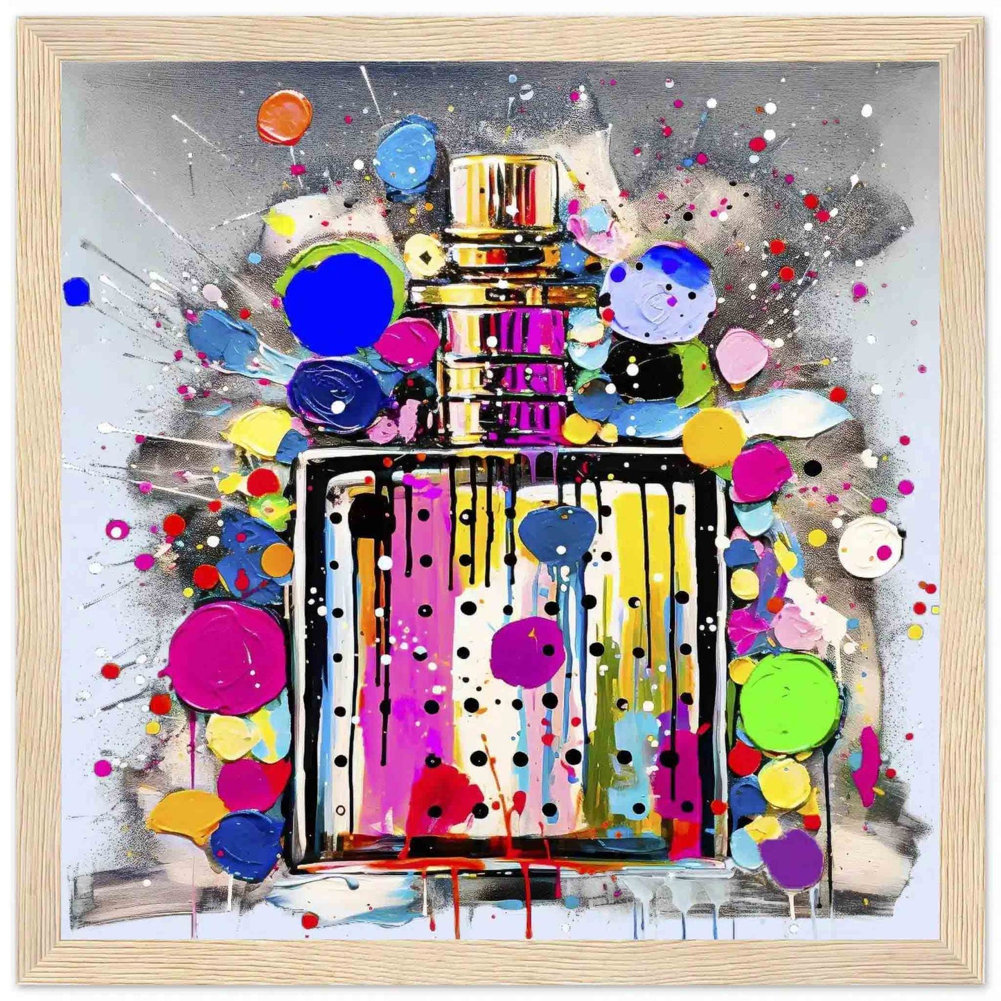 Wooden framed print of perfume Bottle Paint Splash Pop Art - Polka Pop Aroma Canvas Print-Polka Pop Aroma-Graphique Addictions