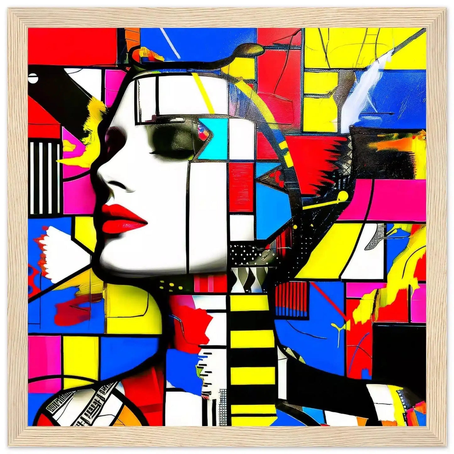 Face with bold geometric patterns in red, blue, yellow, and pink, evoking futuristic charm. Wooden Framed Print-Technicolor Temptress - Framed Print-Graphique Addictions