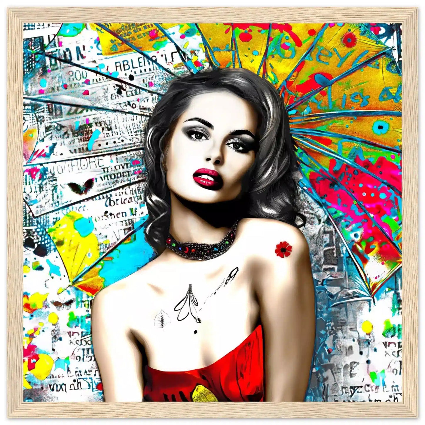 Wooden frame of woman against vibrant graffiti ink and vibrant colors. Umbrella Ink Pop-Graphique Addictions.