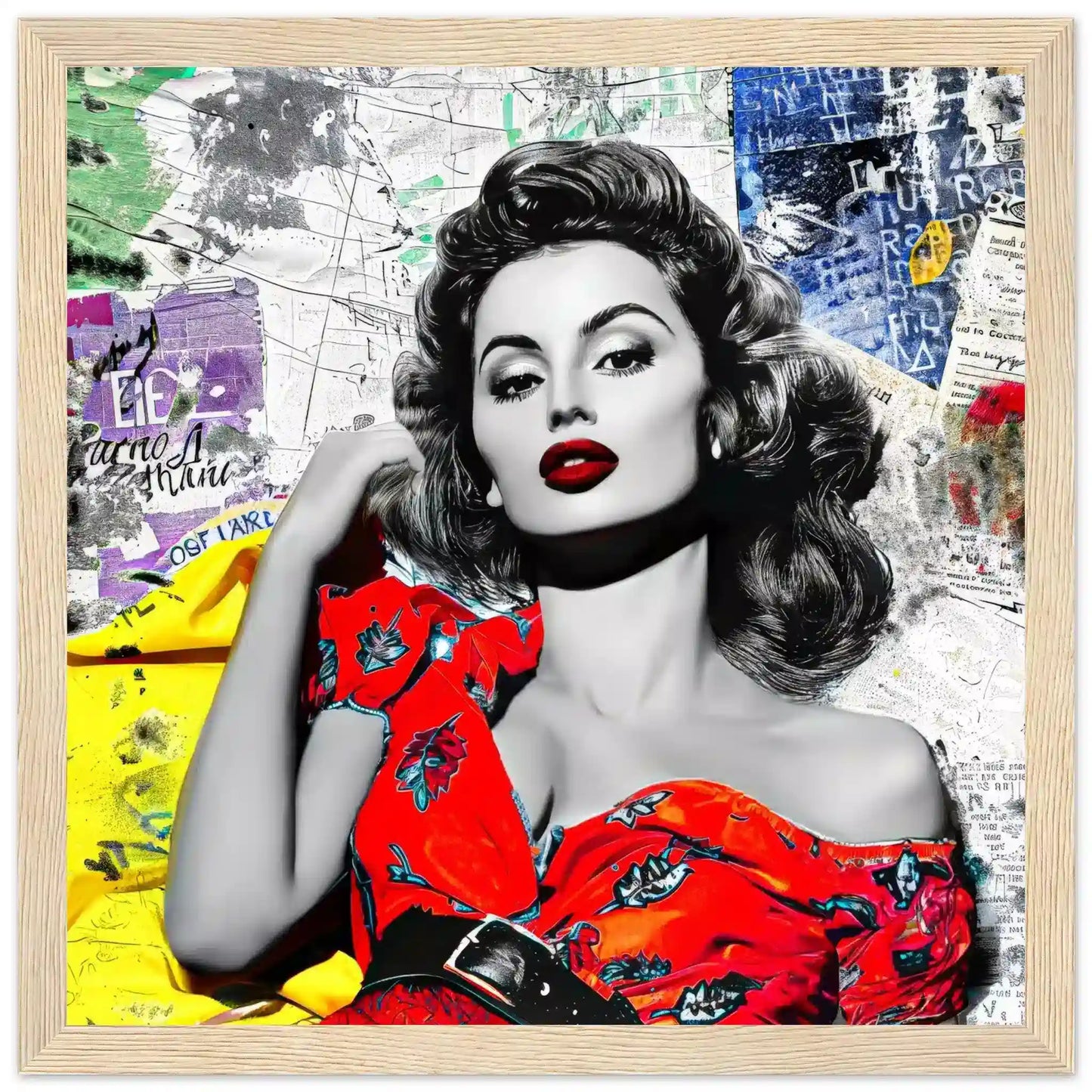 Sophia Lauren in red dress surrounded by colorful newspaper clippings and maps. Wooden Framed Print-Vintage Starlet - Framed Print-Graphique Addictions