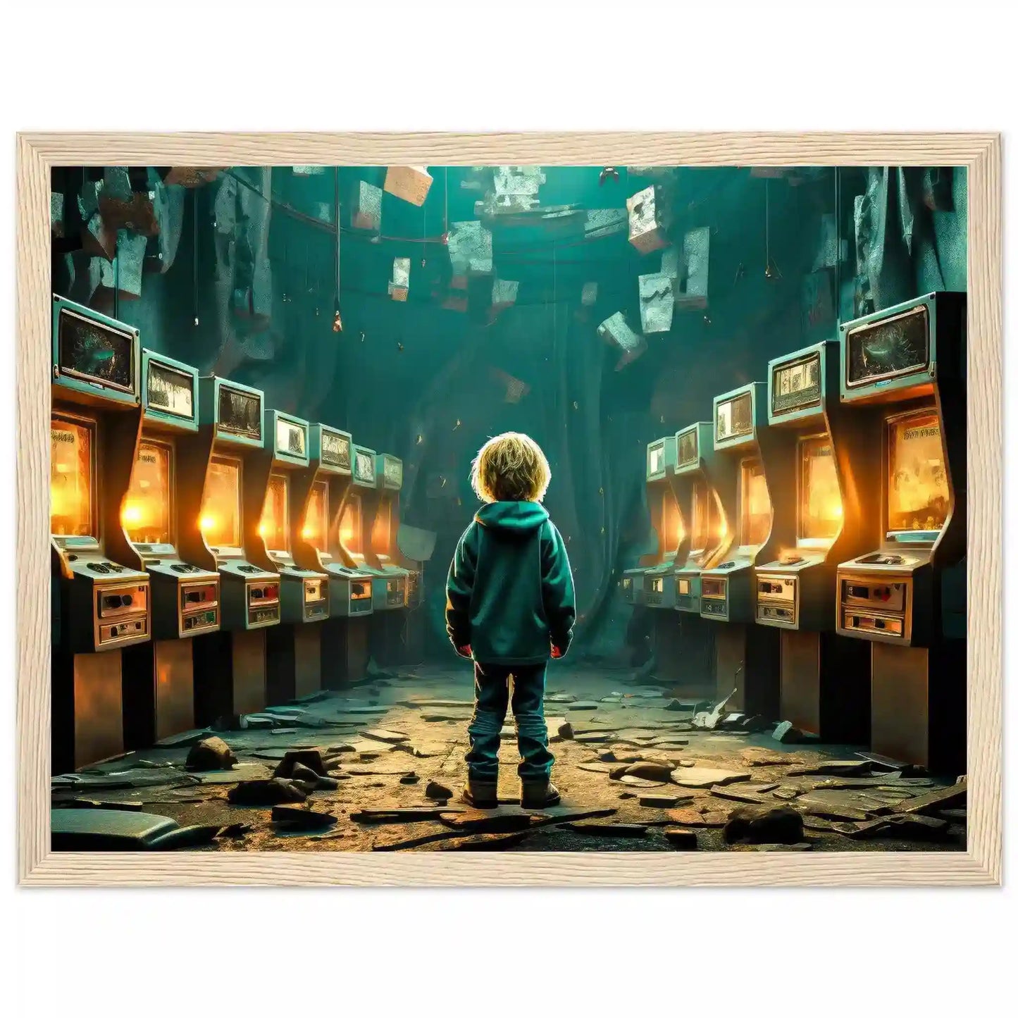 Wooden framed print of little boy standing in an abandoned arcade with broken machines and scattered debris. Forgotten Arcade Room-Graphique Addictions.