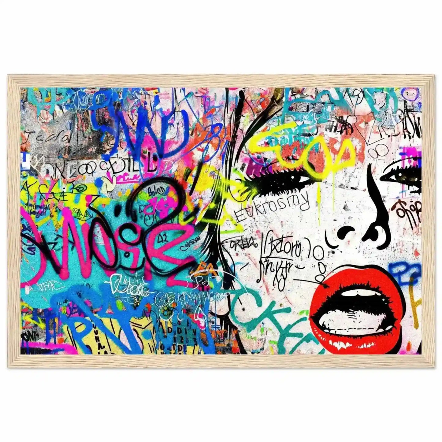 Chic Femme Graffiti Gaze: Pop art portrait of a woman against colorful graffiti, bold brush strokes, and ink splashes in a wooden frame-Graphique Addictions.
