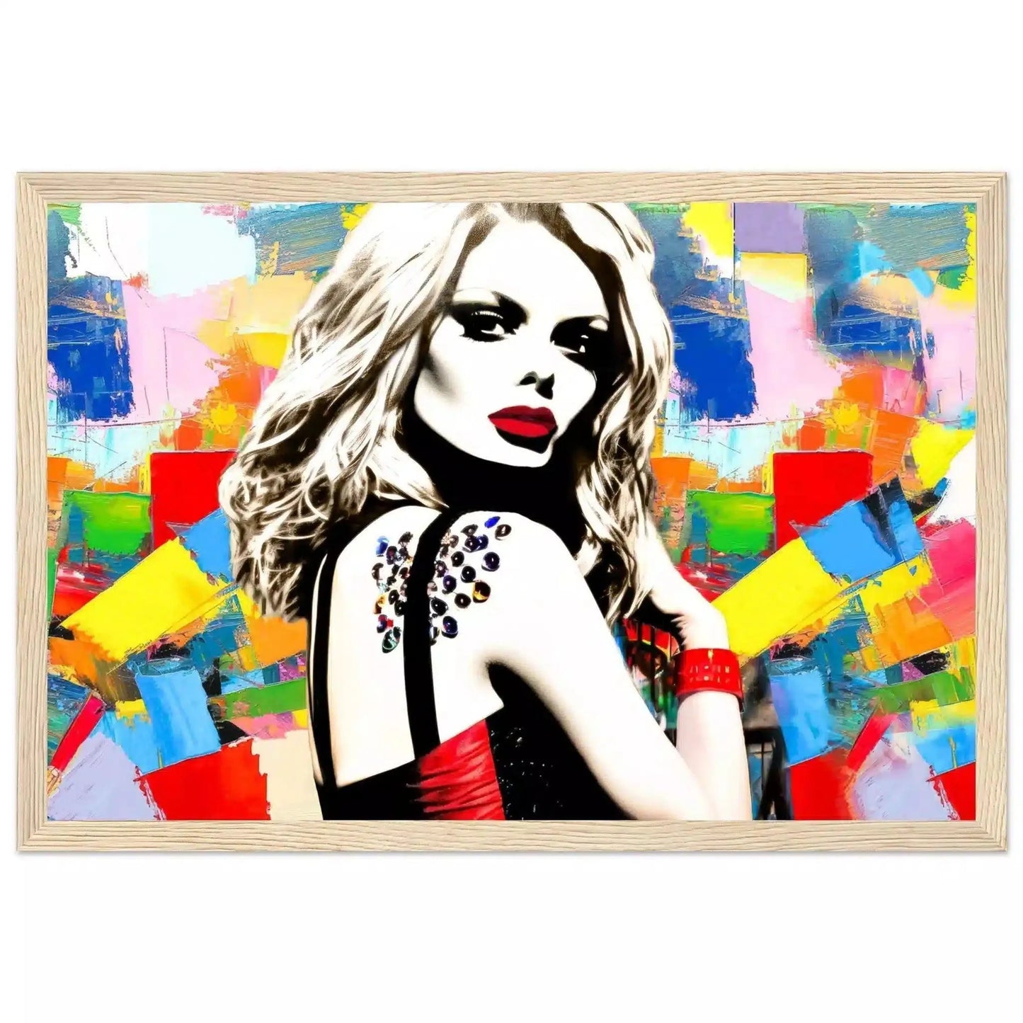 Wooden Framed print of Claudia Schiffer against a backdrop of multi-colored abstract geometric patterns wearing a black and red dress. Claudias Chromatic Cosmos-Graphique Addictions.