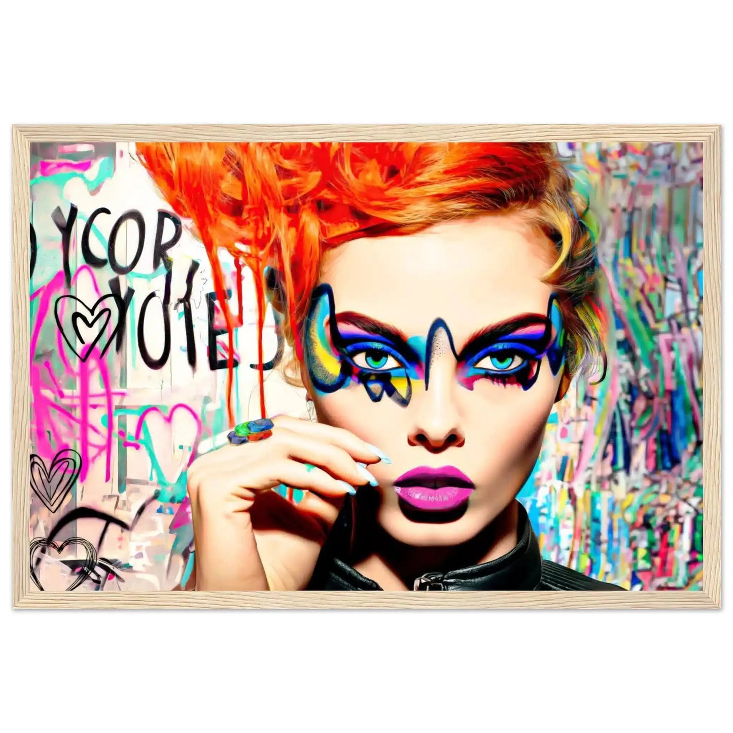 Woman with orange-red hair, blue eyes, and vibrant geometric eyeshadow against a colorful graffiti backdrop wooden framed artwork titled: Colorburst Diva-Graphique Addictions.