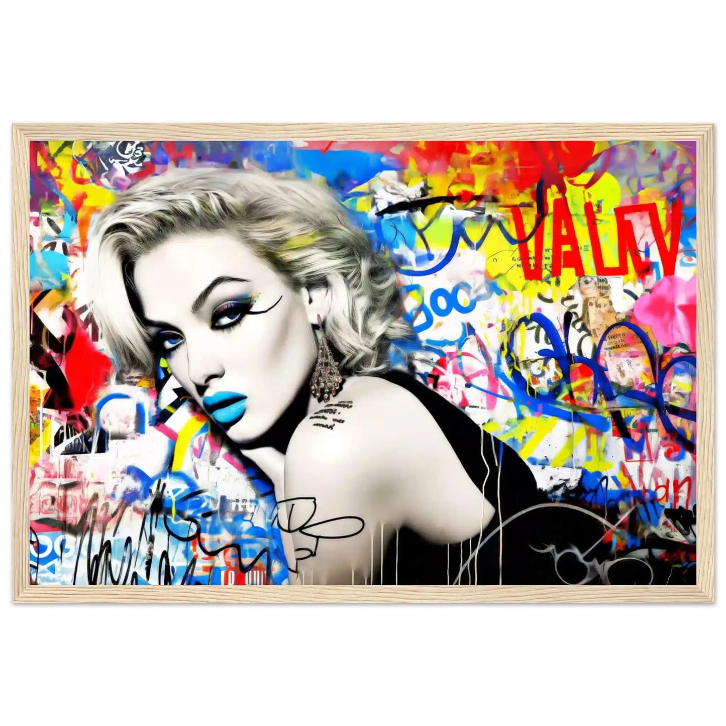 Wooden framed print of woman lying on her stomach, surrounded by vibrant graffiti, wearing blue lipstick and winged eyeliner, in a black dress. Titled: Graffiti Dreamscape-Graphique Addictions.