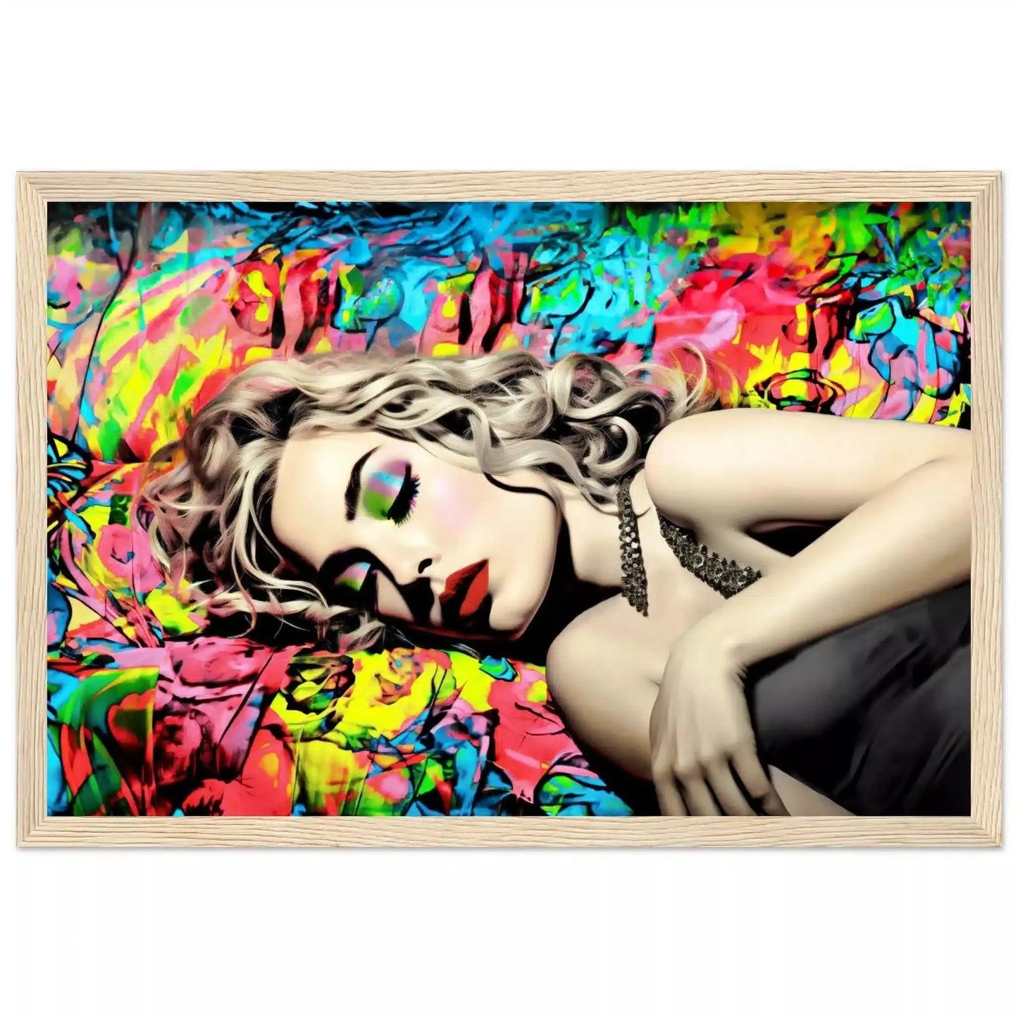 Wooden framed print of Madonna lying down with her eyes closed in a black dress, set against a vibrant backdrop of blue, red, and yellow graffiti. Title: Graffiti Lullaby-Graphique Addictions.