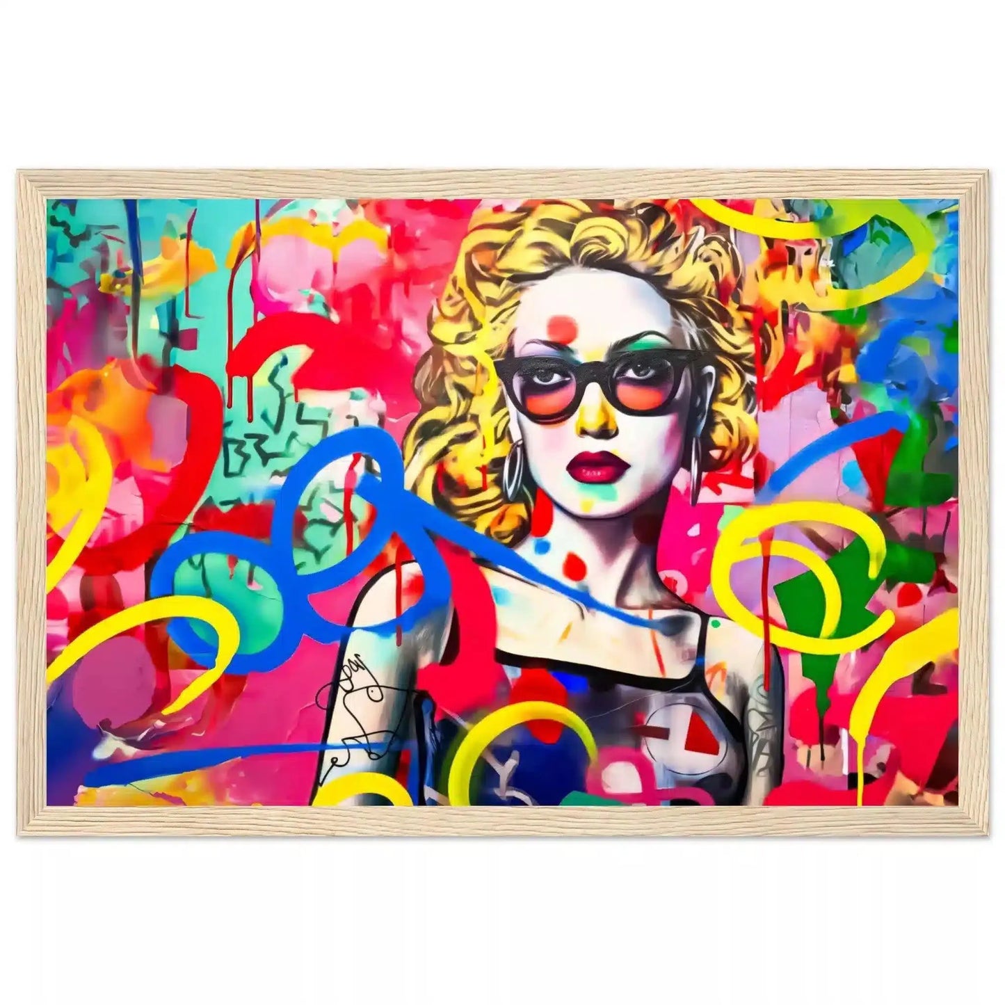 Wooden framed art print of a blonde haired woman with tattoos wearing sunglasses, set against a vibrant graffiti backdrop. Title: Graffiti Tattooed Temptation-Graphique Addictions.