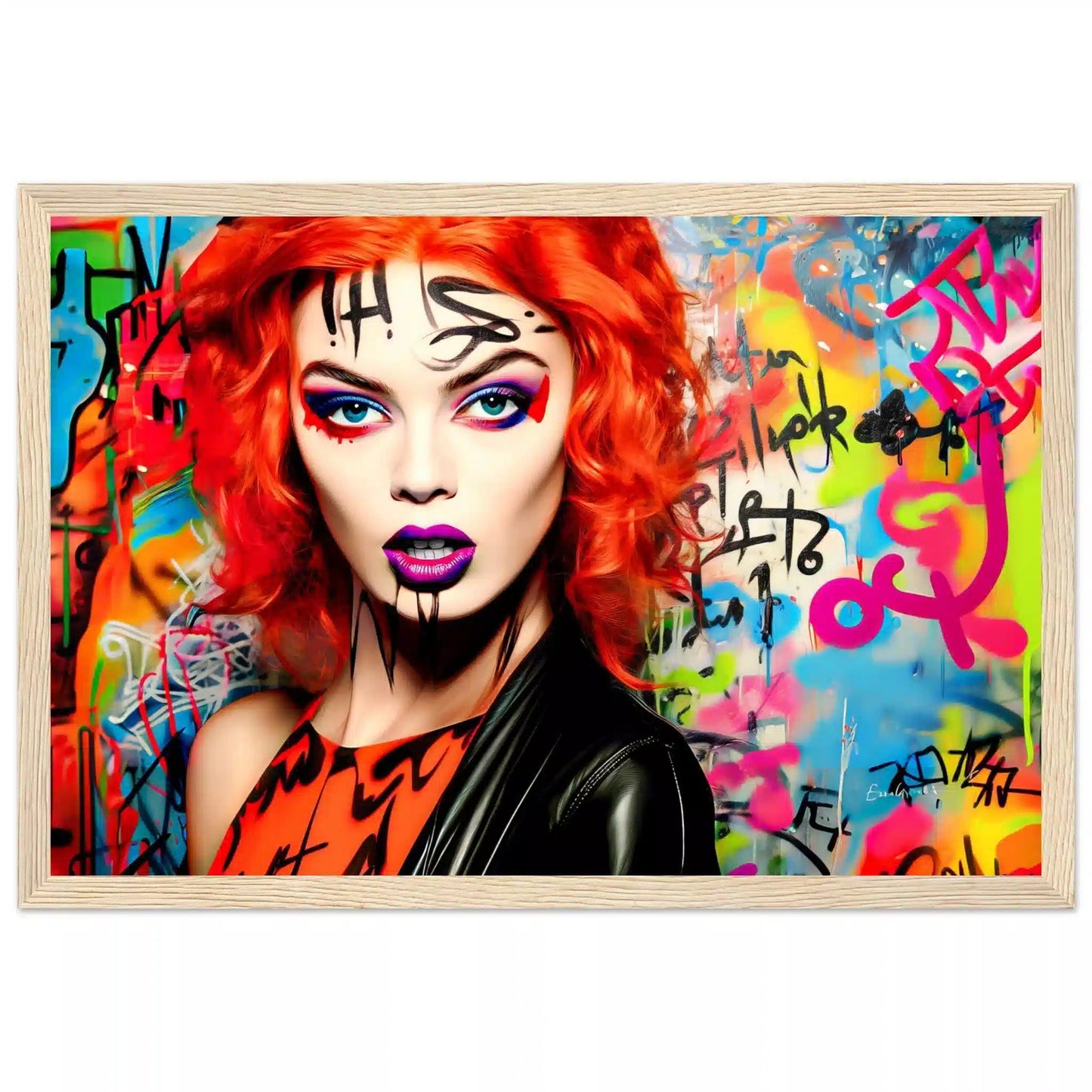 Wooden framed artwork featuring a red-headed woman with bold gothic makeup, wearing a black leather jacket and an orange top, set against a colorful graffiti background. Graffiti Vixen-Graphique Addictions.