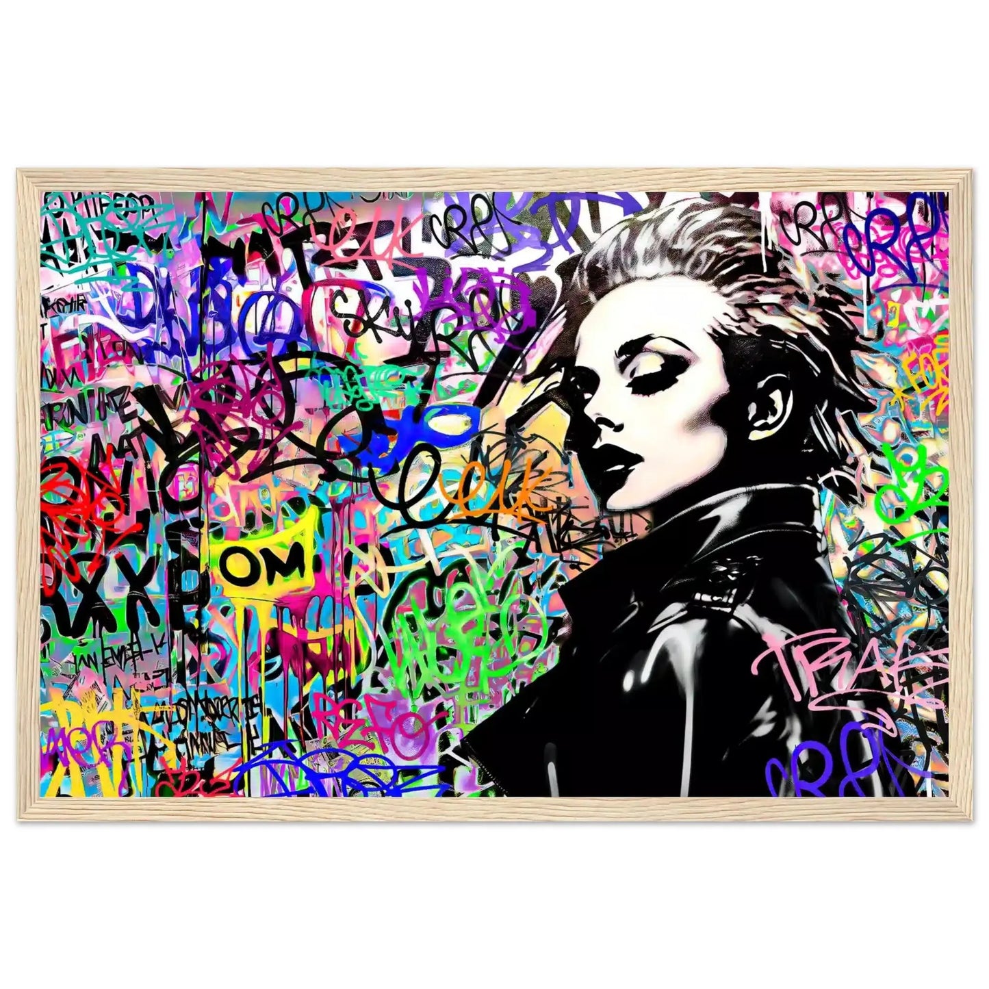 wooden framed print of Madonna wearing a black leather jacket against a backdrop of colorful graffiti and lettering. Chromatic Chaos-Graphique Addictions.