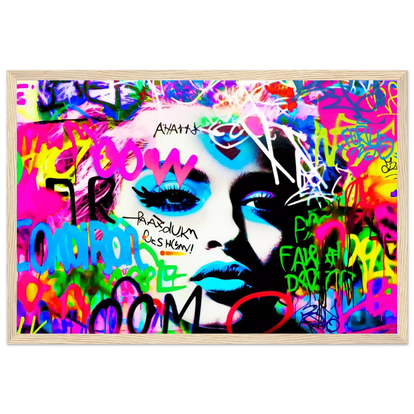 Wooden framed print of Madonna's face covered in colorful graffiti. Madonna's Graffiti Groove-Graphique Addictions.