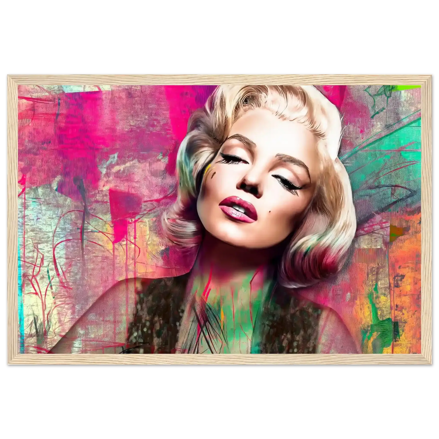 Abstract portrait of Marilyn Monroe with pink lips and lime green graffiti-style background-wood-12x18-inches-wooden-framed-print-marilyns-candy-lime-collage-framed-print, Graphique Addictions