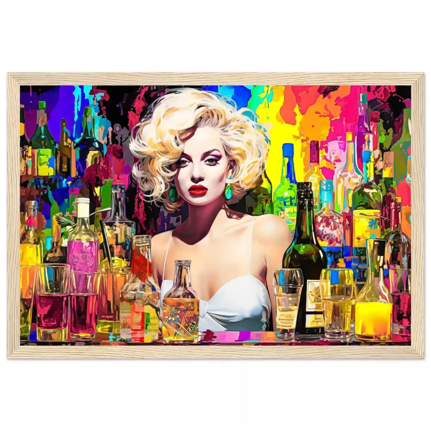 Wooden framed print of Marilyn Monroe behind the bar in a white dress, surrounded by colorful alcohol bottles and glasses. Marilyn's Intoxication of Imagination-Graphique Addictions.