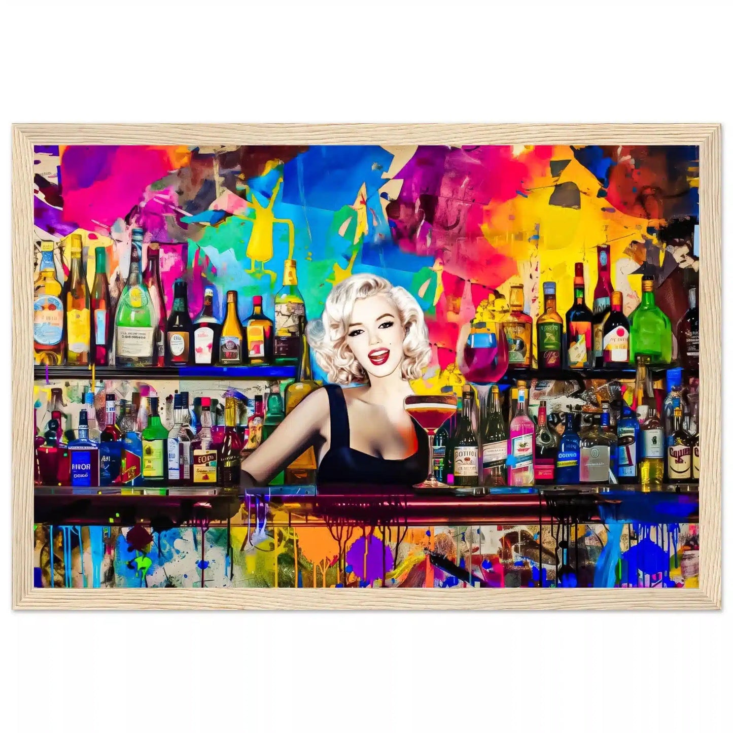 Wooden framed print of Marilyn Monroe as a bartender, in a colorful bar surrounded by vibrant abstract patterns and shelves stocked with colorful liquor bottles. Monroe Mixology-Graphique Addictions.