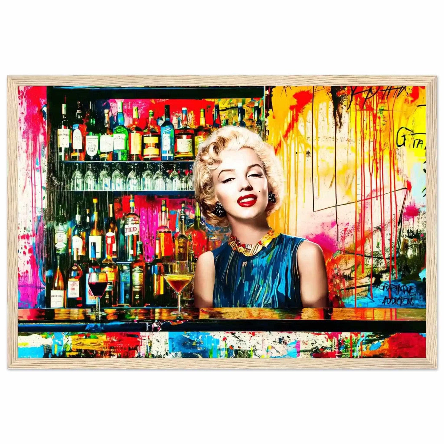 Wooden frame of Marilyn Monroe standing behind a bar with alcohol bottles on the shelves, vibrant abstract colors, graffiti, and paint. Monroe's Cocktail Hour-Graphique Addictions.