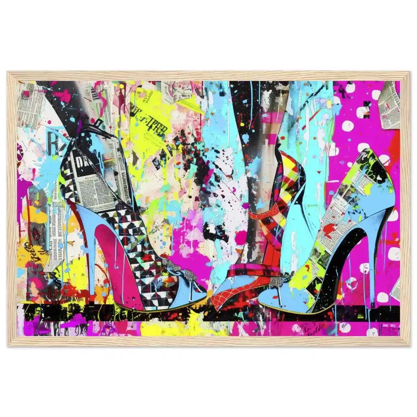 Wooden framed print of high heels against a backdrop of colorful newspaper texture collage and paint splashes. Neon Stiletto 80's Remix-Graphique Addictions.