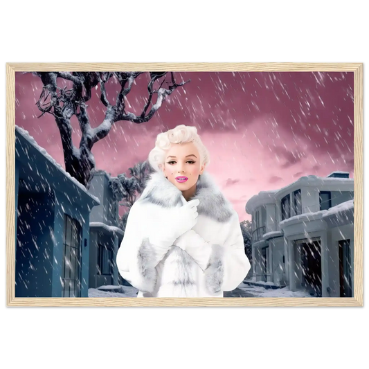 marilyn monroe wearing a white fur coat and gloves, standing under a snowy sky with a pink hue, surrounded by gray houses-wood-12x18-inches-wooden-framed-print-pink-snowstorm-3, Graphique Addictions