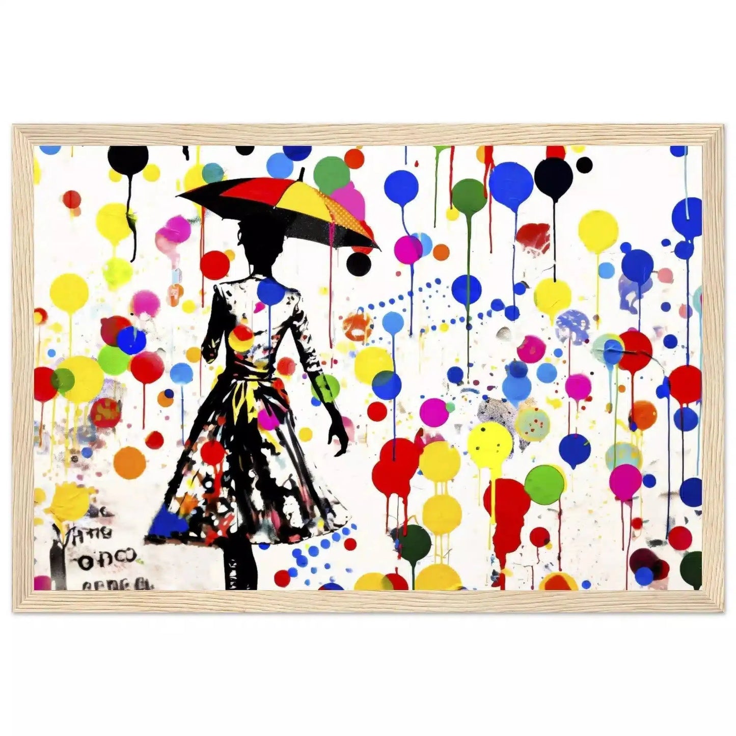 Elegant woman with umbrella amid colorful paint splashes, dots, and balloons on a white background. Wooden Framed Print-Polka Splash Soiree - Framed Print-Graphique Addictions
