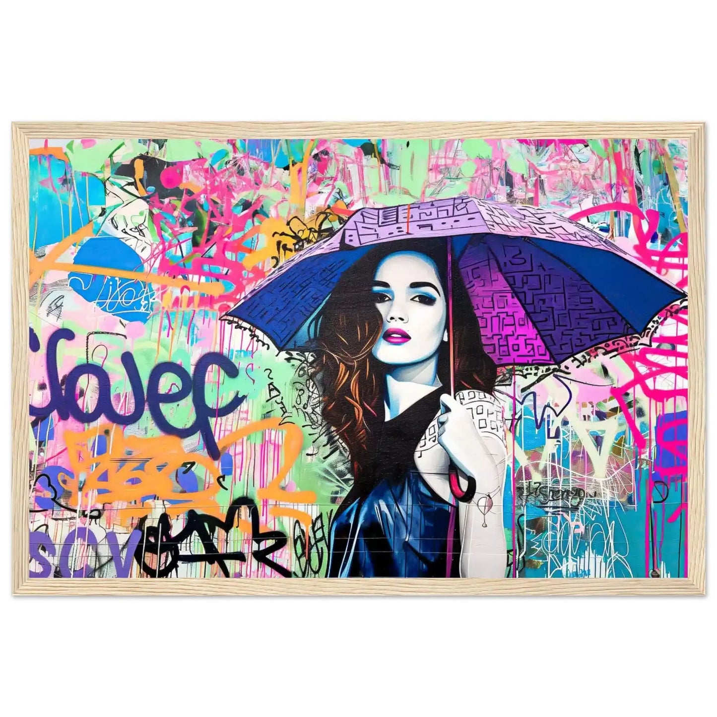 Brunette woman with long hair, holding a purple-blue colored umbrella with black graffiti accents. Wooden Framed Print-Rainbow Graffiti Tempest -Graphique Addictions