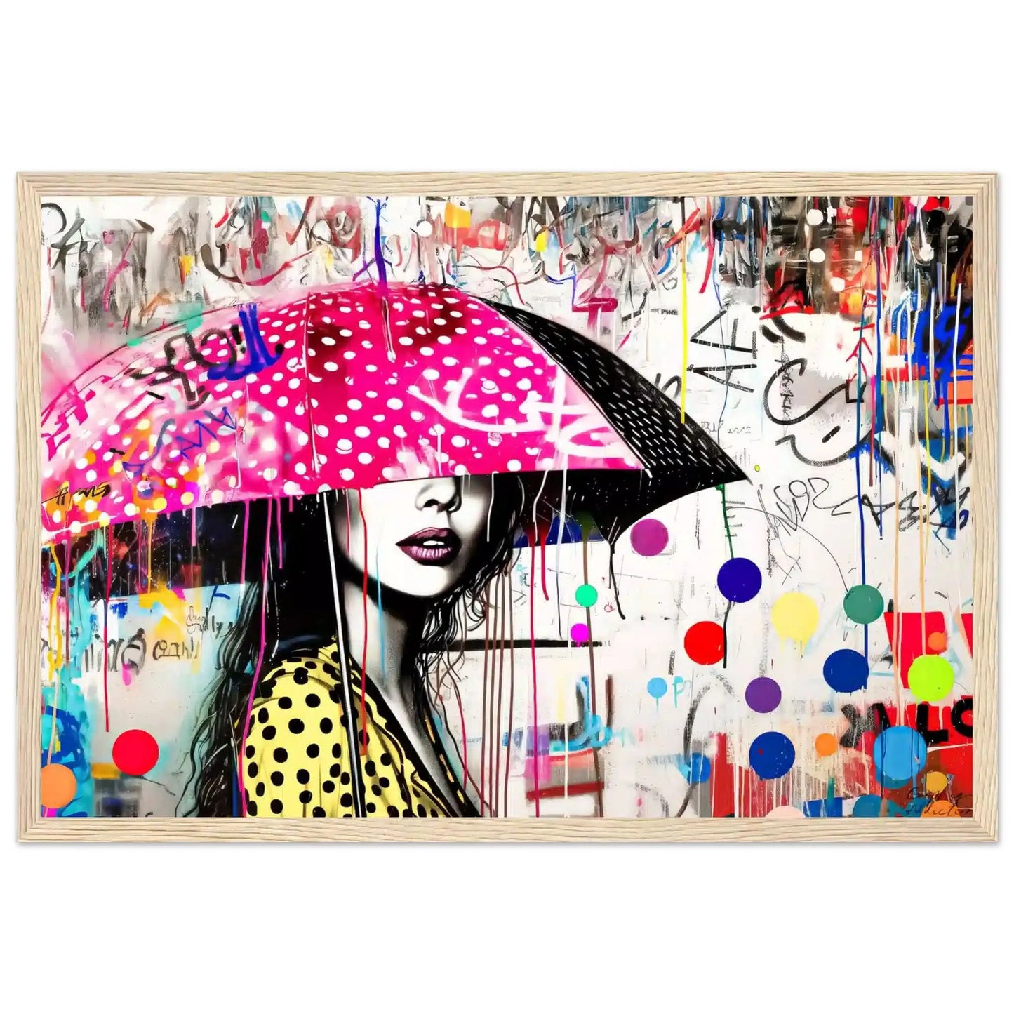 Wooden frame of woman holding a pink umbrella with white polka dots and colorful paint splashes. Street Art Storm-Graphique Addictions.