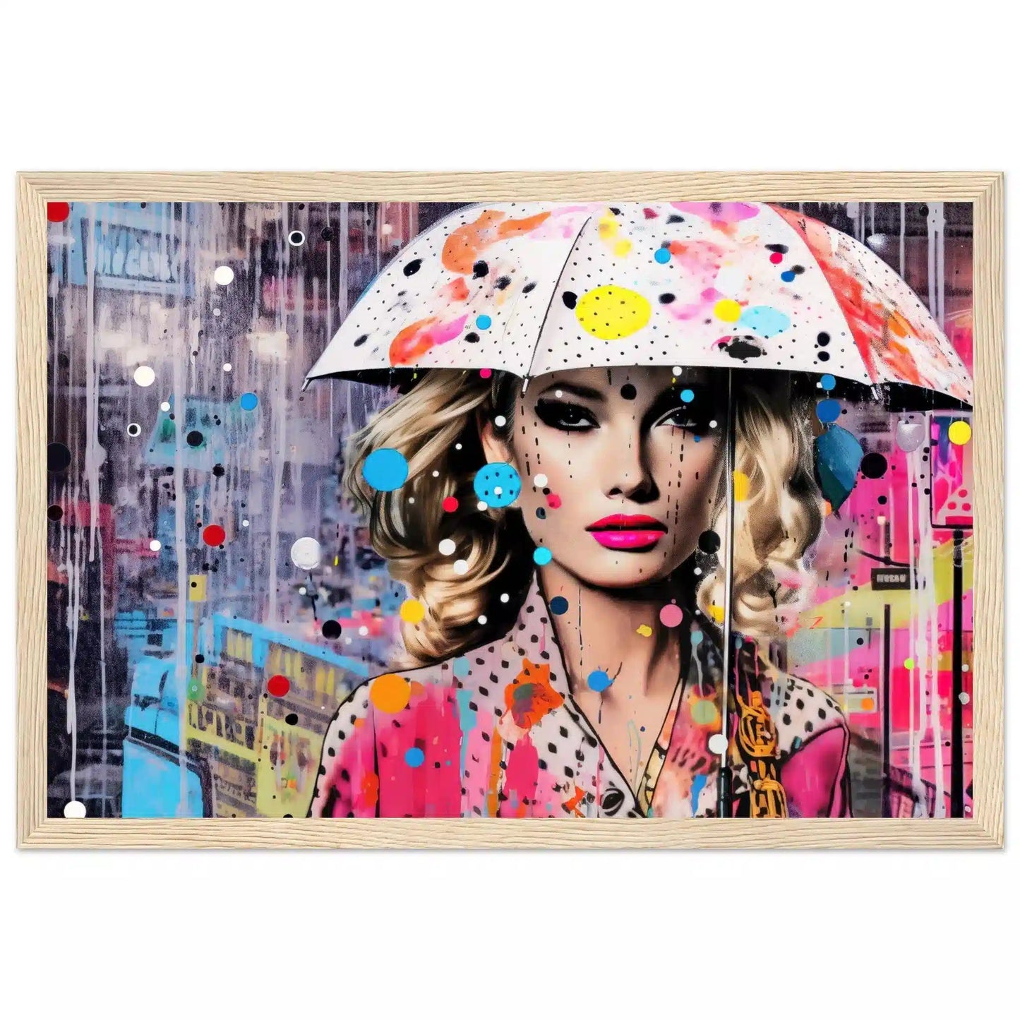 Blonde woman in a polka-dot dress with a colorful umbrella, set against a rain-soaked cityscape with pink and blue street art. Wooden Framed Print-Vibrant Drizzle Elegance-Graphique Addictions
