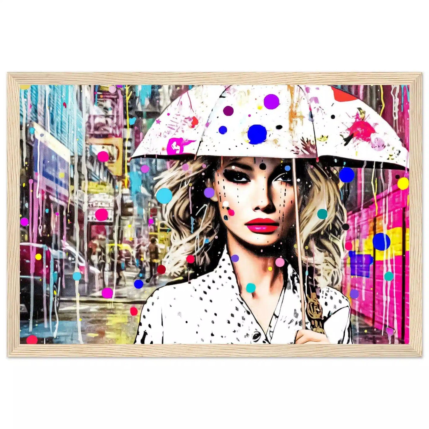 Wooden frame of woman holding a white umbrella with colorful dotted paint splatters. Vivid Vogue Rainfall, Graphique Addictions.