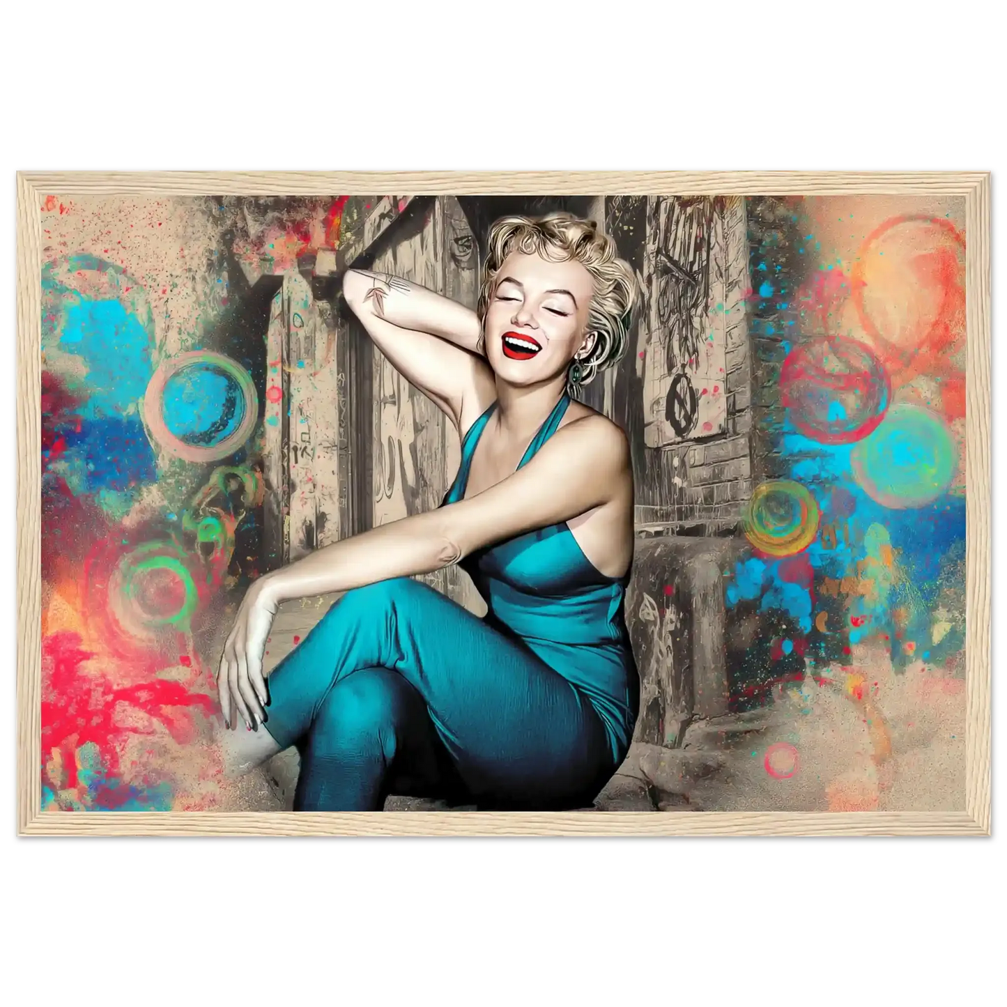Marilyn Monroe in a teal bodysuit, smiling against an old wooden door in New York City with a colorful swirl and bubble background-wood-12x18-wooden-framed-print-marilyn-on-the-doorstep,Graphique Addictions