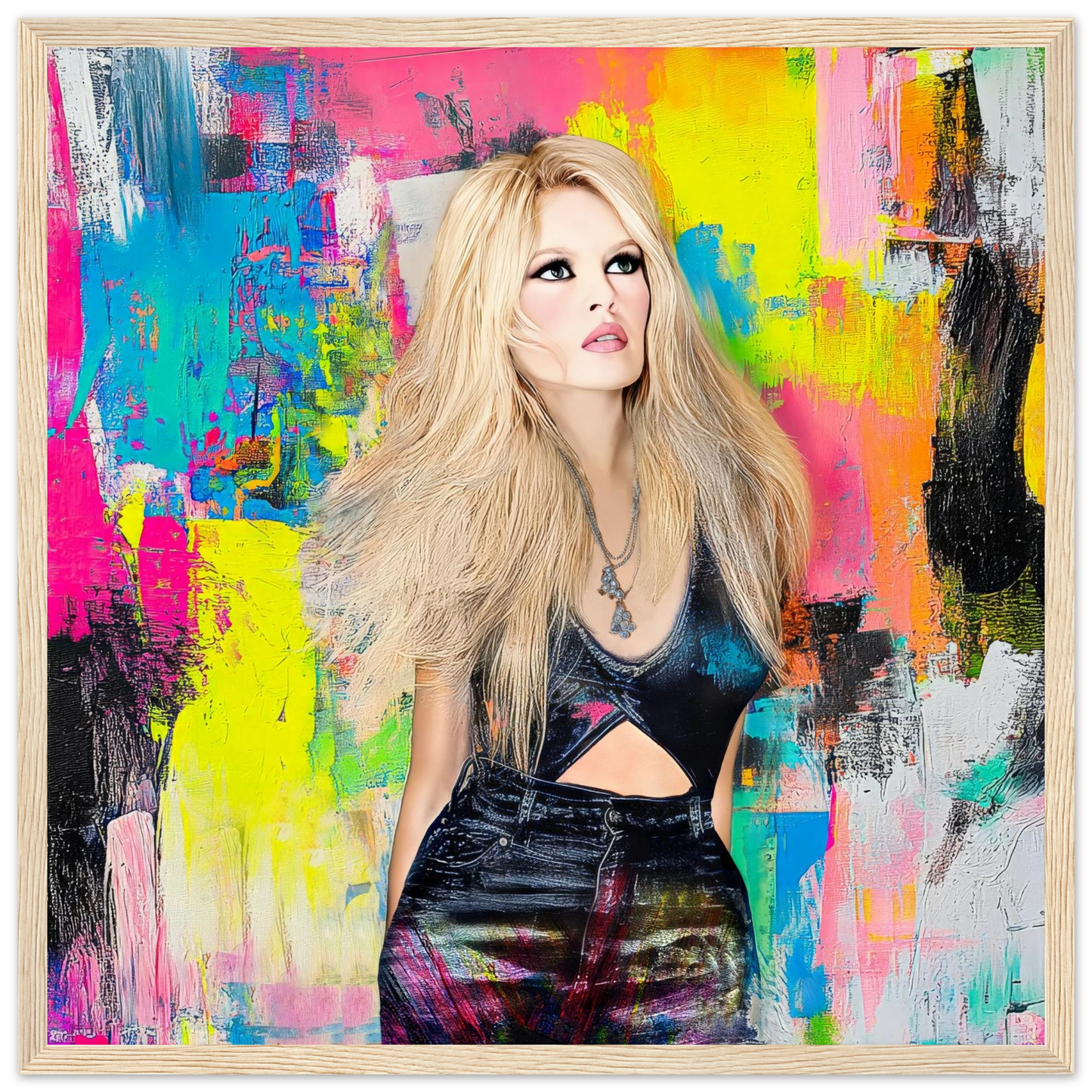art print of brigitte bardot wearing black jeans and top against a vibrant abstract painting of colorful brushsrokes-graphique addictions-wood-wooden-framed-print-brushstroke-bardot, Graphique Addictions