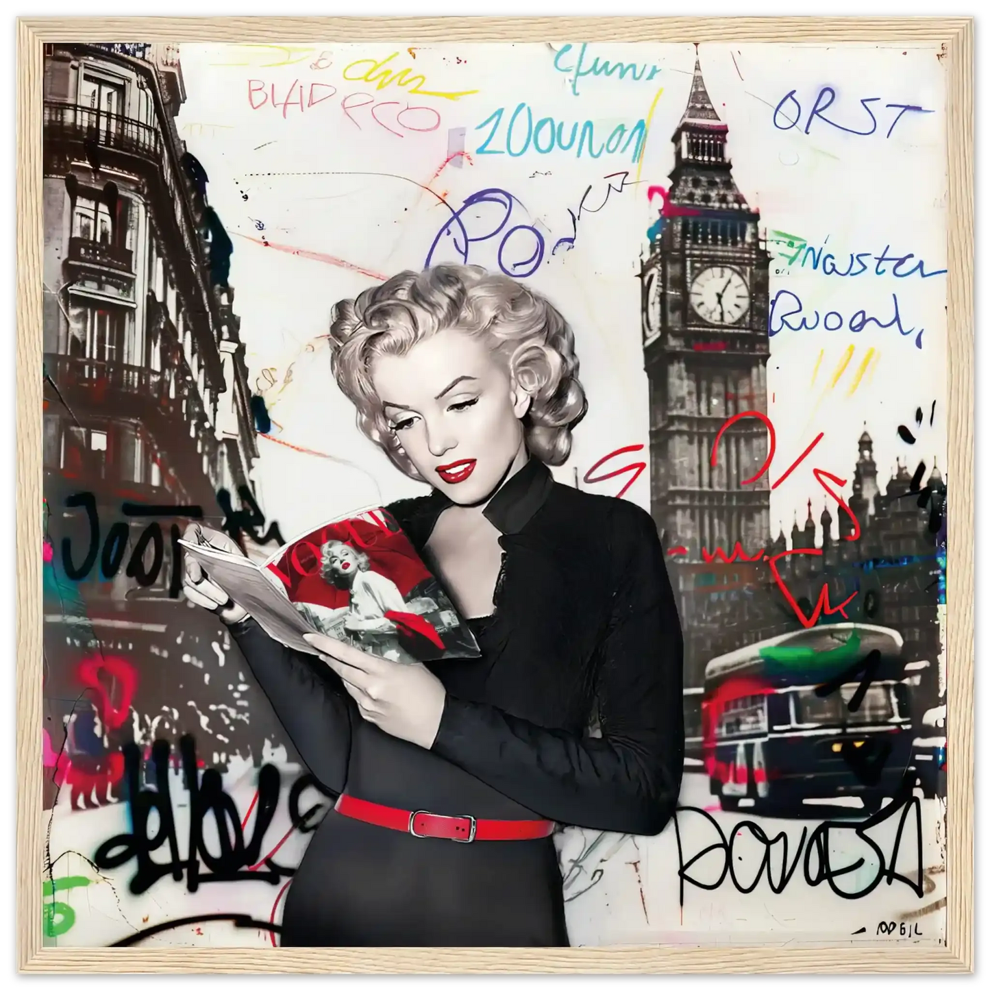Black and white art of Marilyn Monroe in London with vibrant red lips, Big Ben behind her, and colorful graffiti.-wood-16x16-inches-wooden-framed-print-marilyn-in-london-16, Graphique Addictions