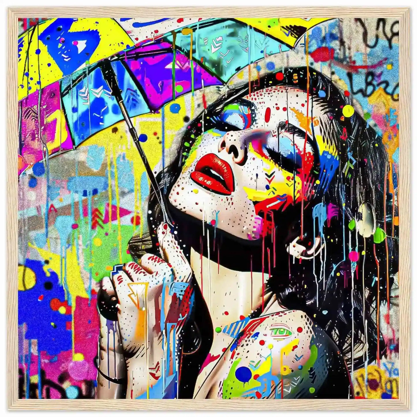 beautiful woman holding an umbrella against a vibrant storm of colorful paint splashes. Wooden Framed Print-Painted Rainstorm Glam-Graphique Addictions