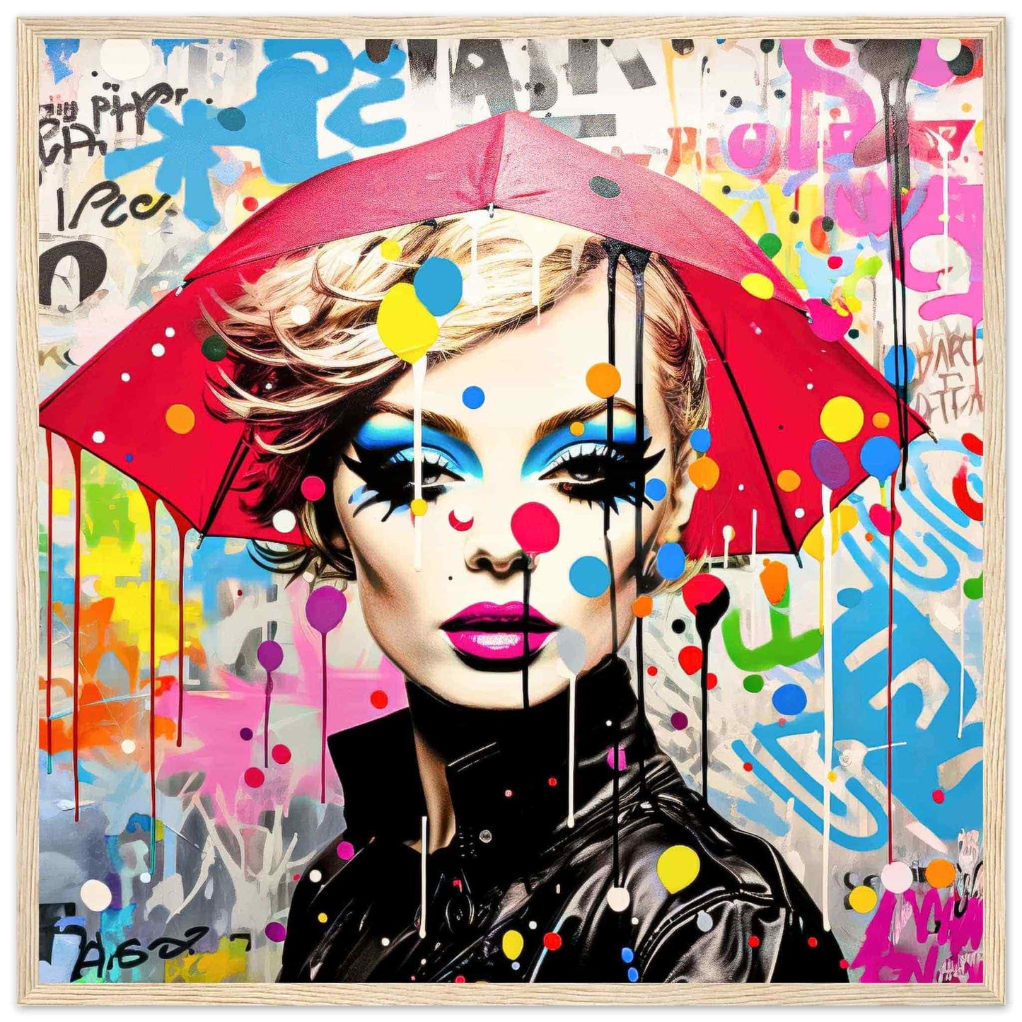 Portrait of a model with bold makeup and polka dots, holding an oversized umbrella, set against colorful street graffiti with lines and paint-drip effects. Wooden Framed Print-Rain Radiance-Graphique Addictions