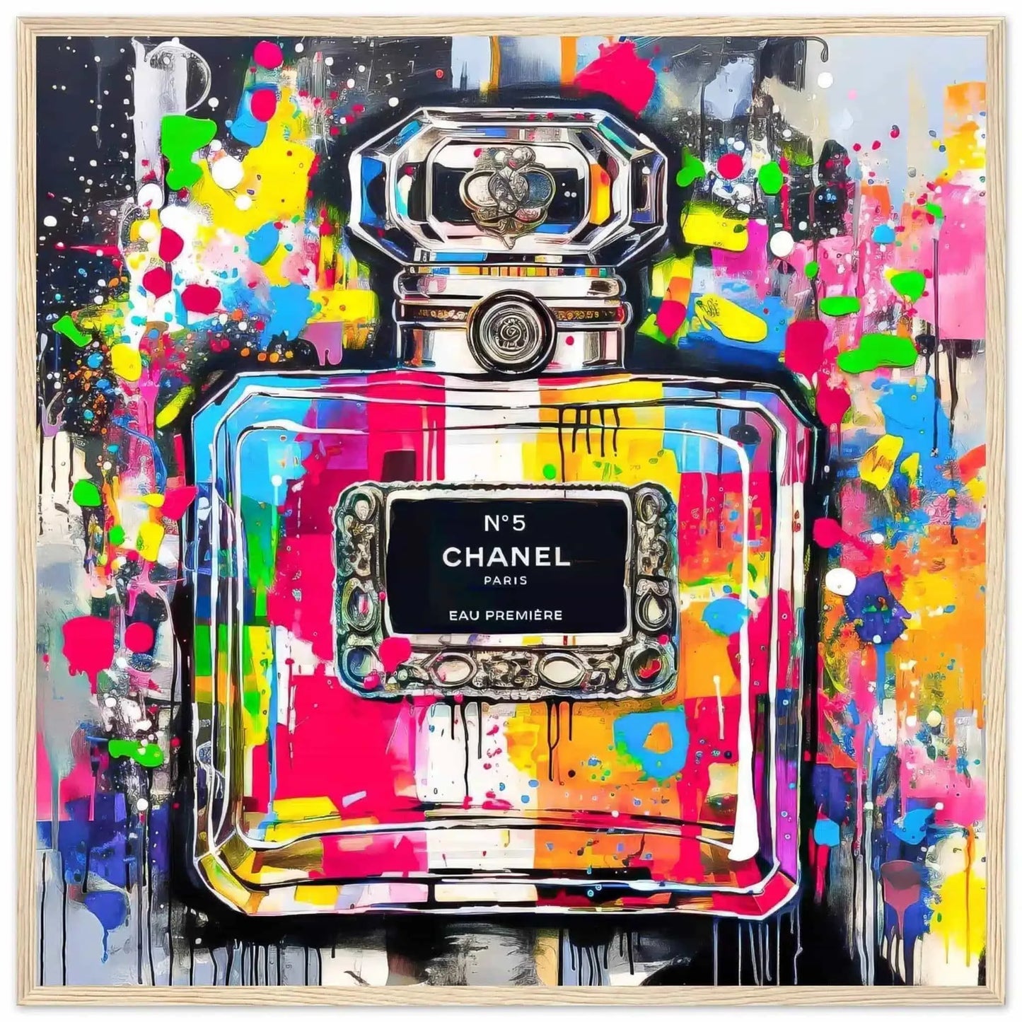 Chanel No5 perfume bottle with colorful graffiti splashes on a gray gradient background. Wooden Framed Print-Urban Eau de Chanel-Graphique Addictions