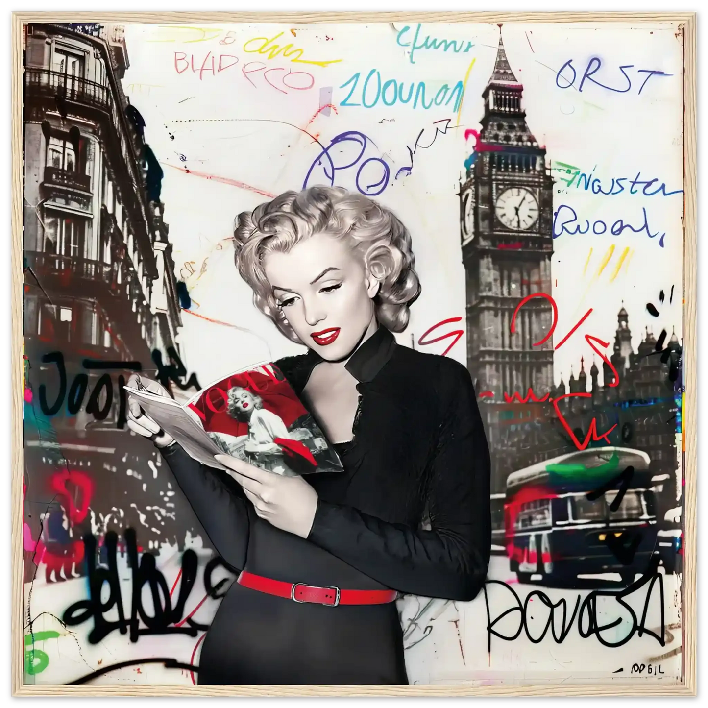 Black and white art of Marilyn Monroe in London with vibrant red lips, Big Ben behind her, and colorful graffiti.-wood-28x28-inches-wooden-framed-print-marilyn-in-london-14, Graphique Addictions