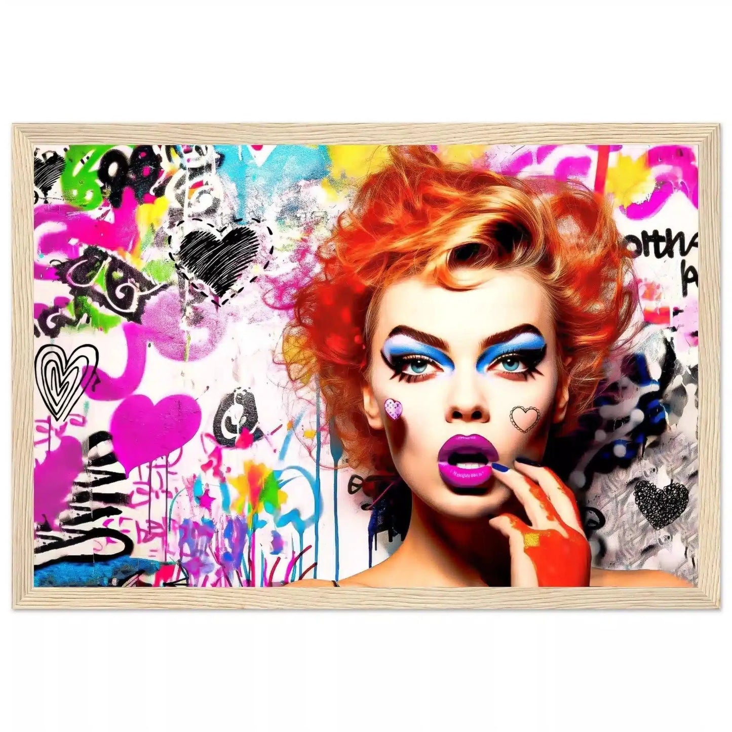 Chic Chaos: Red-haired woman against a backdrop of colorful graffiti art, hearts, and butterflies in a wooden frame-Graphique Addictions.