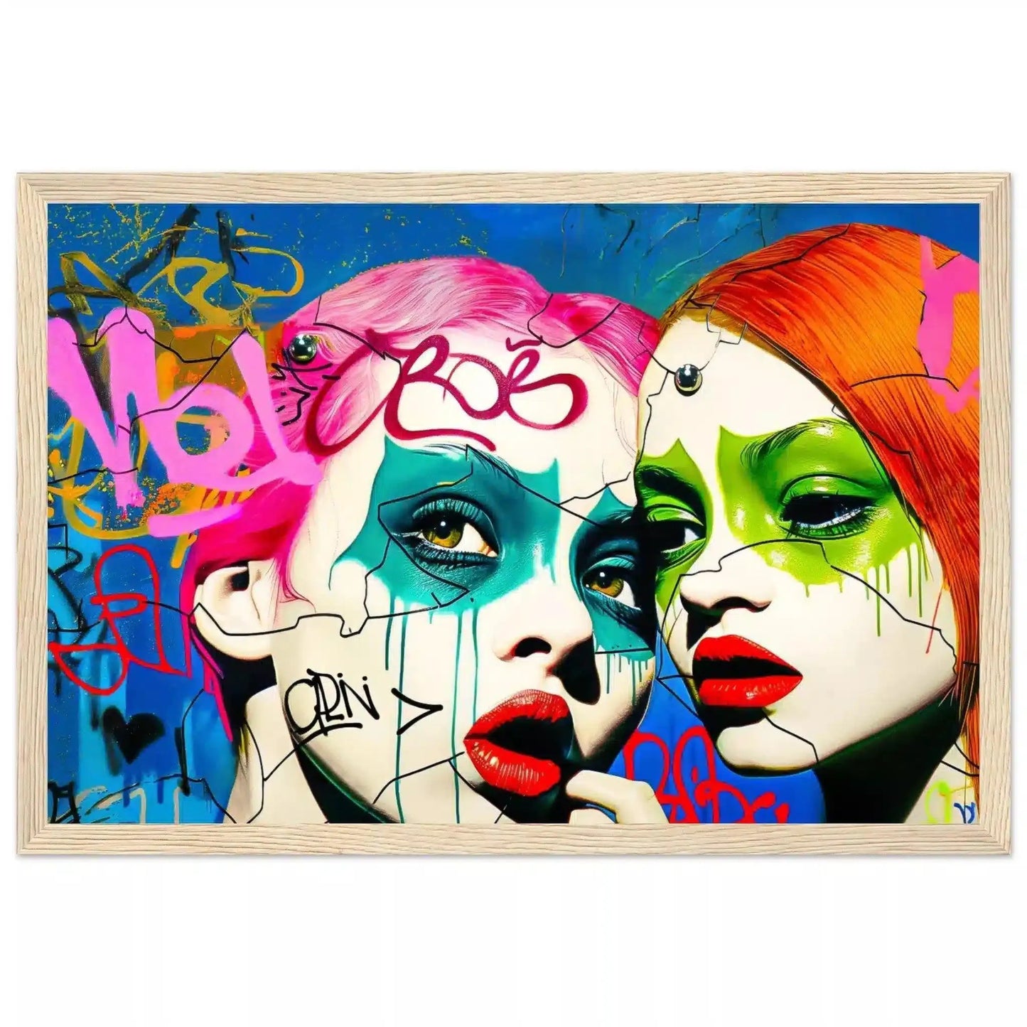 2 teenage girls with pink and orange-red hair, green eyes, and bold red lips against a backdrop of colorful street art. Wooden frame, Phantoms puzzle of decay-Graphique Addictions