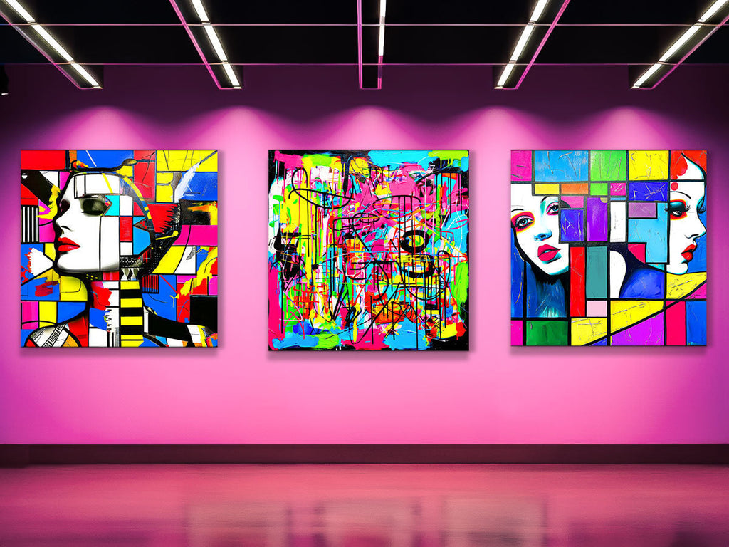 Art gallery mockup of 3 vibrant abstract art prints against a pink wall-Graphique Addictions.