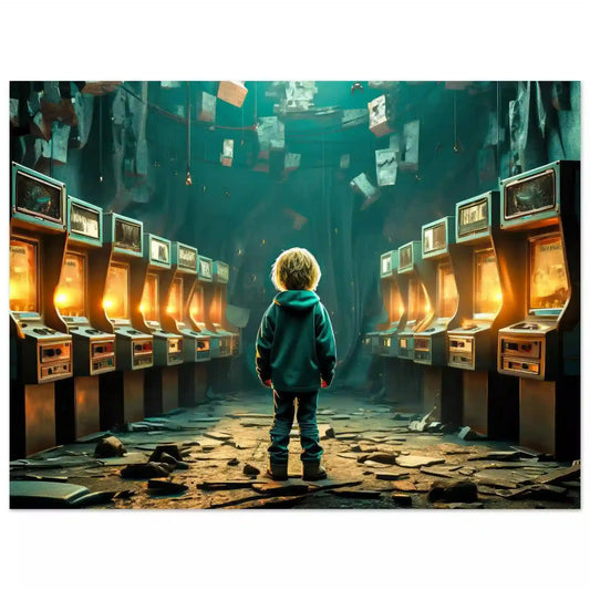 Aluminum print of little boy standing in an abandoned arcade with broken machines and scattered debris. Forgotten Arcade Room-Graphique Addictions.