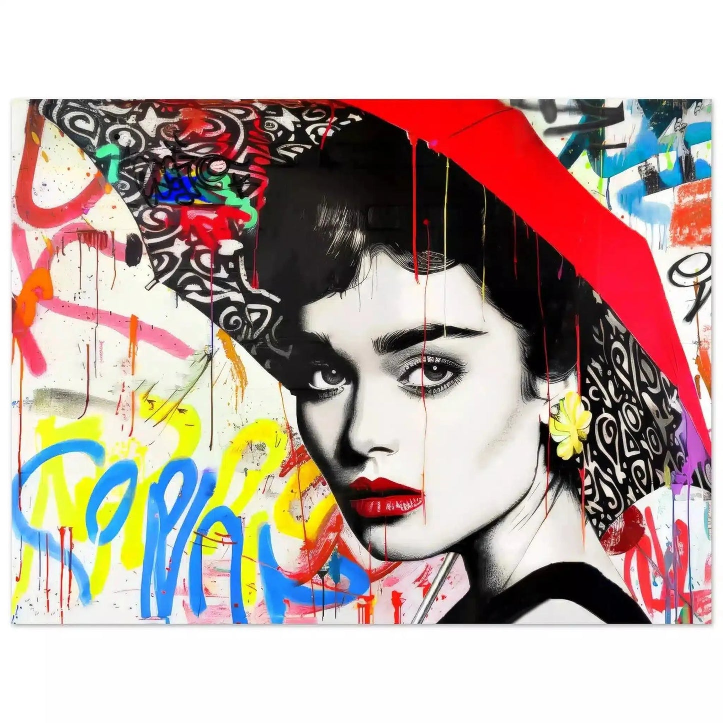 Aluminum print of Audrey Hepburn holding a red umbrella, white backdrop of yellow, blue, and red street-art. Graffiti Rainstorm-Graphique Addictions. 