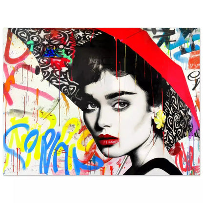 Aluminum print of Audrey Hepburn holding a red umbrella, white backdrop of yellow, blue, and red street-art. Graffiti Rainstorm-Graphique Addictions. 