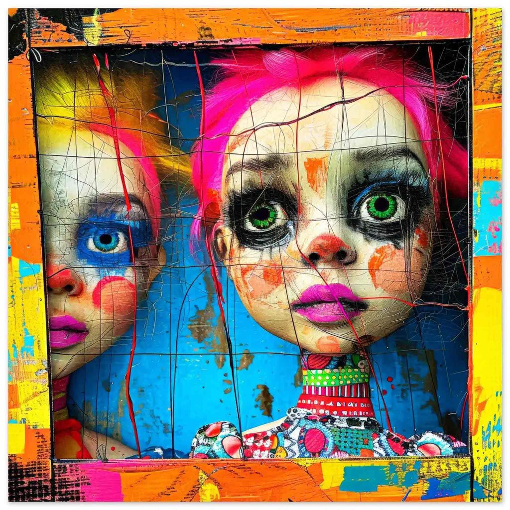 Two porcelain dolls gazing from a vibrant wooden window, aluminum art print. Abstract Dollhouse-Graphique Addictions art.
