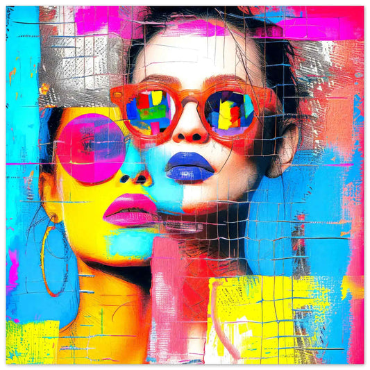 Aluminum print of colorful geometric art collage of woman with sunglasses. Abstract Duo-Graphique Addictions.
