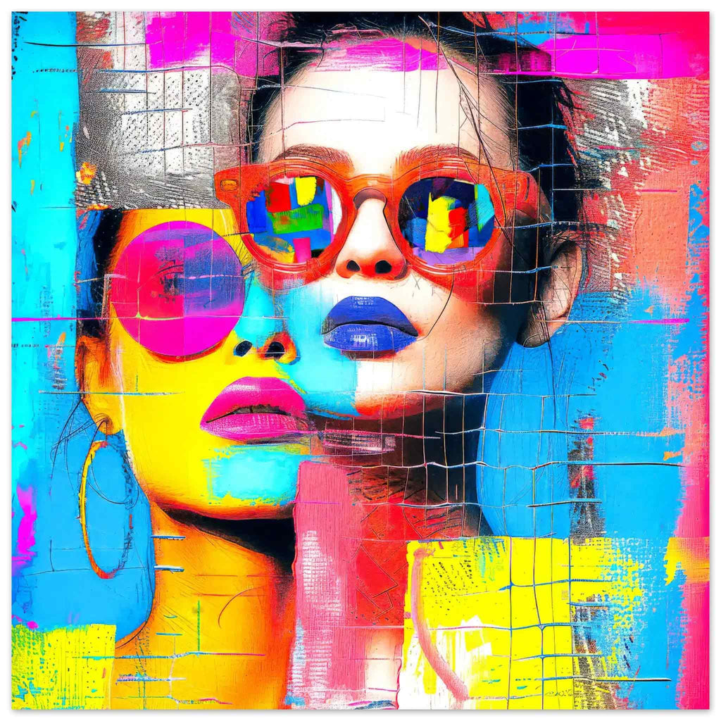 Aluminum print of colorful geometric art collage of woman with sunglasses. Abstract Duo-Graphique Addictions.