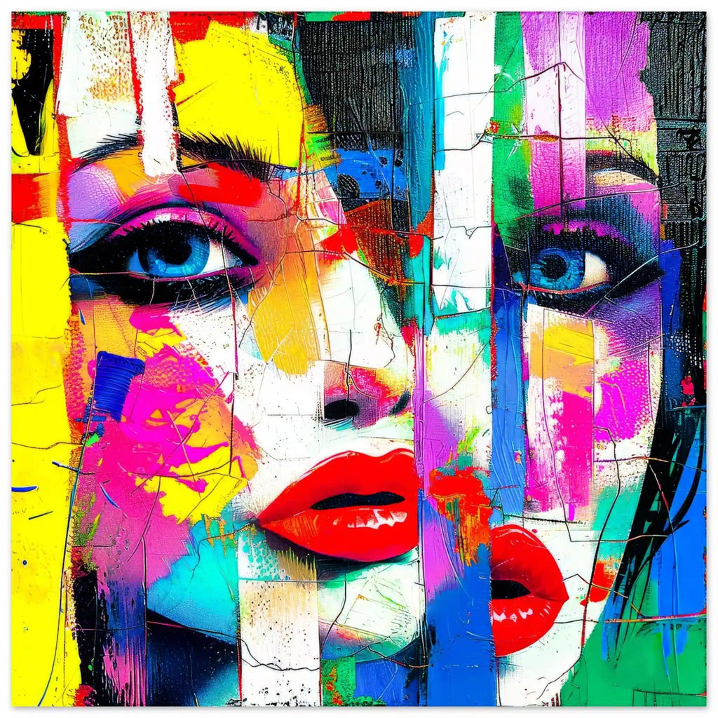 Aluminum print of woman's face composed of geometric shapes in vibrant colors, aluminum print. Abstract-Femme, Graphique Addictions.