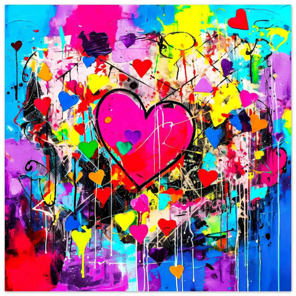 Aluminum print of large pink heart surrounded by smaller hearts and paint splashes, aluminum print. Abstract Heart Splatters, Graphique Addictions.