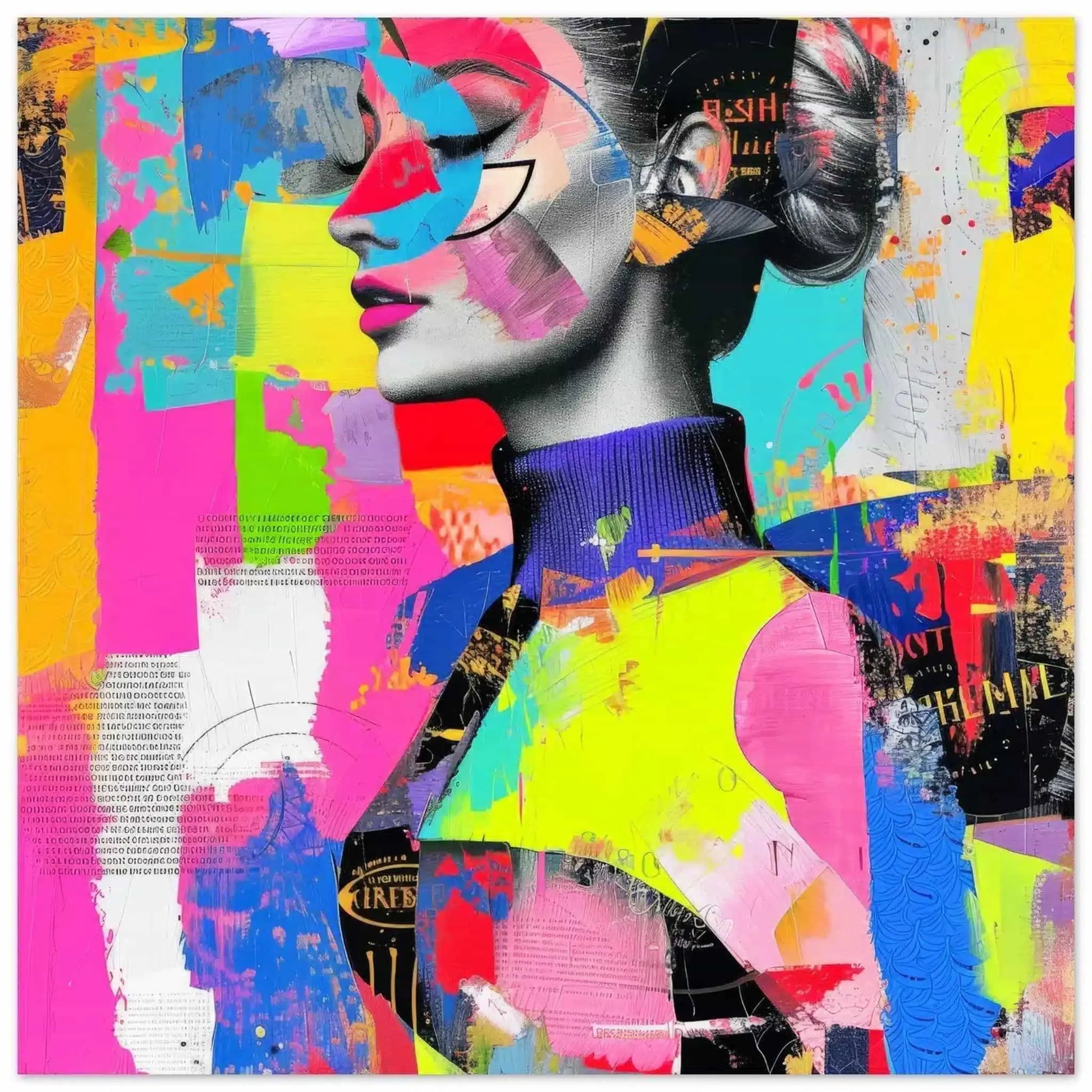 Abstract Radiance: Art collage of neon colored geometric shapes and a woman wearing a colorful abstract turtleneck, aluminum print-Graphique Addictions.