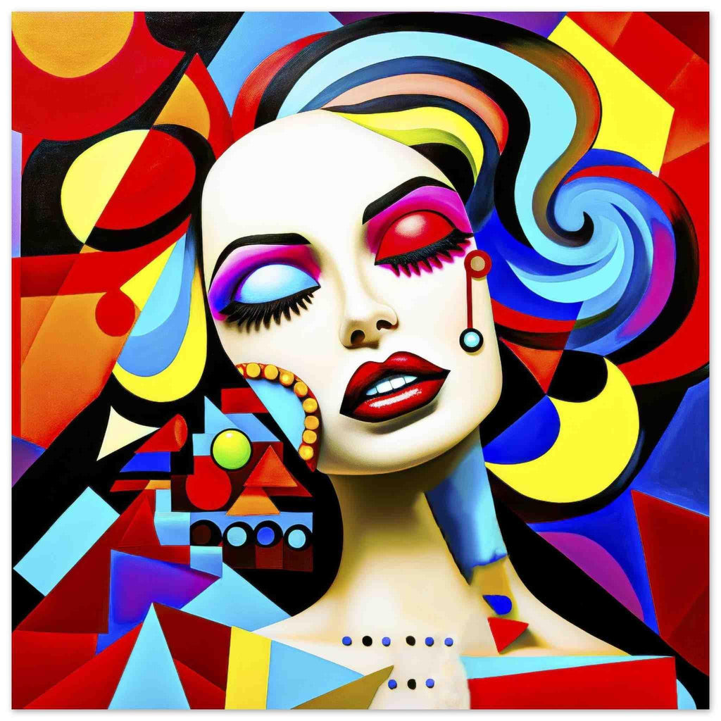 Abstract art of a woman, with bold geometric shapes and cubism details aluminum metal print. Abstract Temptress-Graphique Addictions.